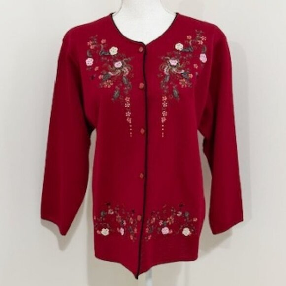 Qiu Yuan Ma Shan Chinese-Style Embroidered Women's Red Cardigan Sweater - Picture 1 of 6